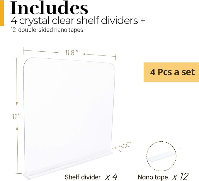 ROUFA 4Pcs Clear Acrylic Shelf Dividers, Adjustable Closet Organizer Fit for Any Thickness of Shelves, Multi-Purpose Wood Shelf Separators for Bedroom, Kitchen, Office, Bathroom, 11.8''x11''