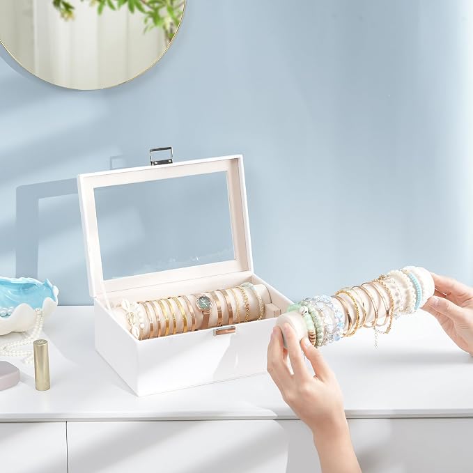 Lolalet Bracelet Display Holder with Rods for Bangles Watches, Clear Lid Jewelry Organizer Box Storage Case for Women Girls -White, 2 Rolls