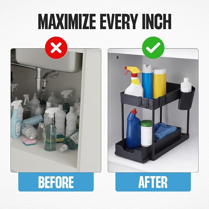 Undersink Organizer, 2-Tier Under Sink Storage Rack with Sliding Drawers for Kitchen Bathroom Cabinets, Pull Out Organizer for Pantry, Laundry Room & Closet Organization - 1 Pack, Black
