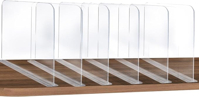 ROUFA 6Pcs Clear Acrylic Shelf Dividers, Closet Organizer Wood Shelf Separators Purse Organizer for Bedroom, Kitchen, Office, Bathroom 11.8''x11''