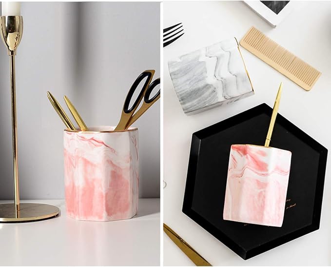 Pen Pencil Holder for Desk, Durable Ceramic Pens Organizer, Makeup Brush Holder, Table Decor and Desk Accessories, Perfect Office Home Organization for Women Girl, Teacher Supplies, Pink Marble