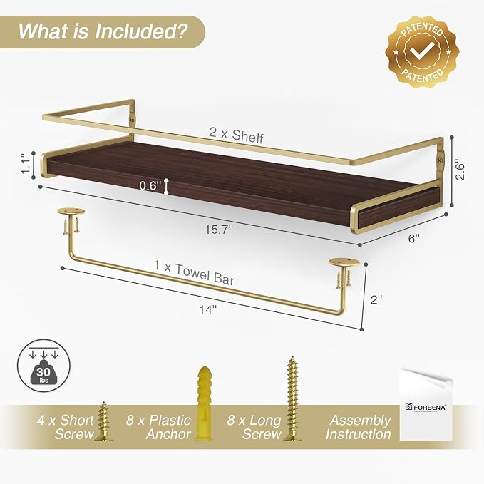 Floating Shelves Bathroom Shelves Over Toilet Set of 2, Bathroom Wall Shelves with Towel Bar, Wall Mounted Vanity Shelf for Bedroom, Kids Room, Kitchen (Brown & Gold)
