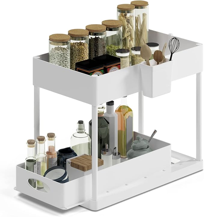Under Sink Organizers and Storage | Bathroom Cabinet Organizer, Sink Shelf with Utility Hooks and Side Caddy for Under Cabinet Storage | White (1-Pack) Under Kitchen Sink Organizer with Sliding Drawer