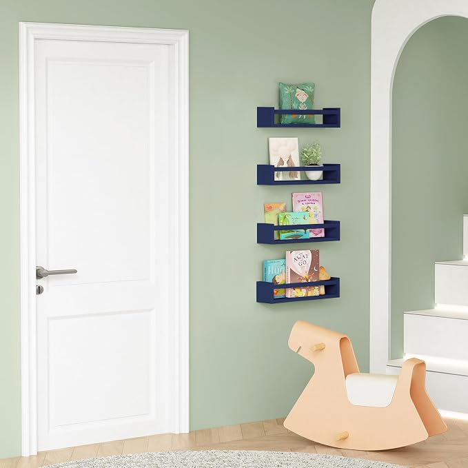 Forbena Navy Blue Floating Nursery Book Shelves for Kids Room Wall, Decorative Wall Bookshelf for Baby Boy Bedroom, Small Wood Hanging Bookshelves Wall Mounted for Little Boys Room Bathroom (Set of 4)