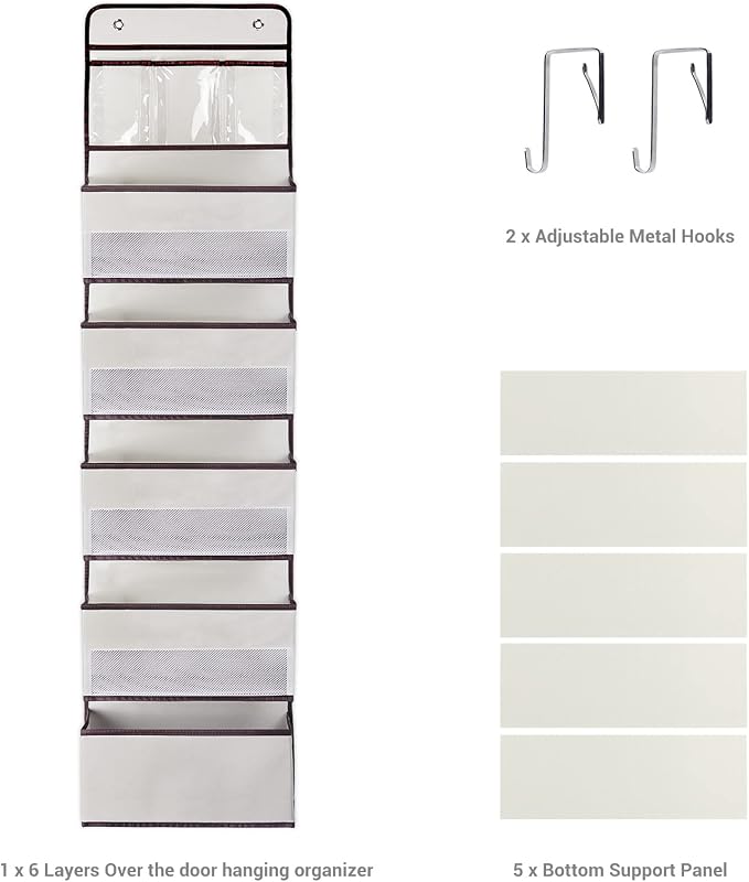NesTidy Over The Door Organizer Storage 6 Layers, Wall Mount Hanging Organizer with 5 Large Pocket Organizers and 3 Small Pockets for Baby Essentials, Toys, Cosmetics, and Sundries (Beige, 1 Pack)