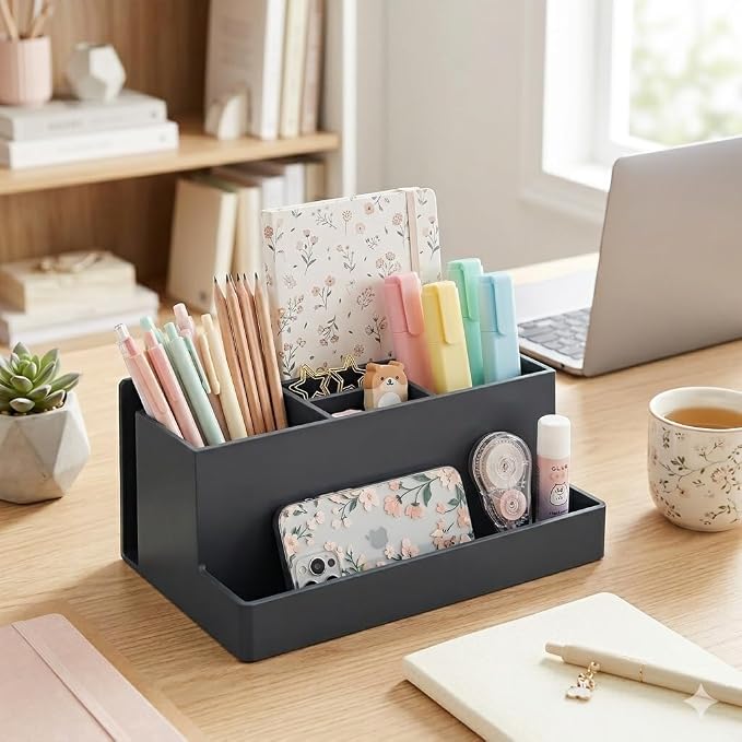 Acrimet Desktop Organizer - Multi Organizer Caddy Holder for Office, Home and School use (Plastic) (Black Color) | Office Notebook, Briefcase, Pads & Accessories