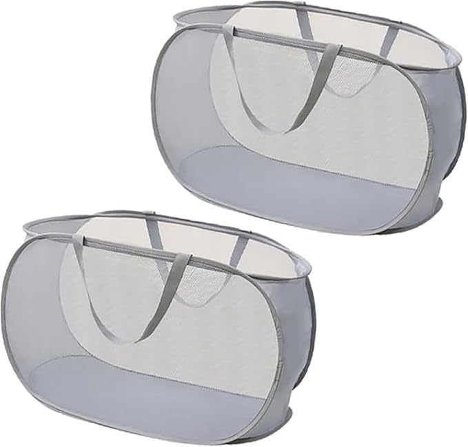 2 Piece Popup Mesh Laundry Basket Durable Handles Collapsible Laundry Baskets Folding Clothes Pastic Hamper for Laundry Room College Dorm (2 x Gray)