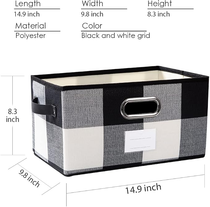 PRANDOM Large Collapsible Storage Baskets for Closet [3-pack] Decorative Fabric Storage Bins Cubes with Leather/Metal Handles for Shelves Bedroom Living Room Black and White Grid (14.9x9.8x8.3 Inch)