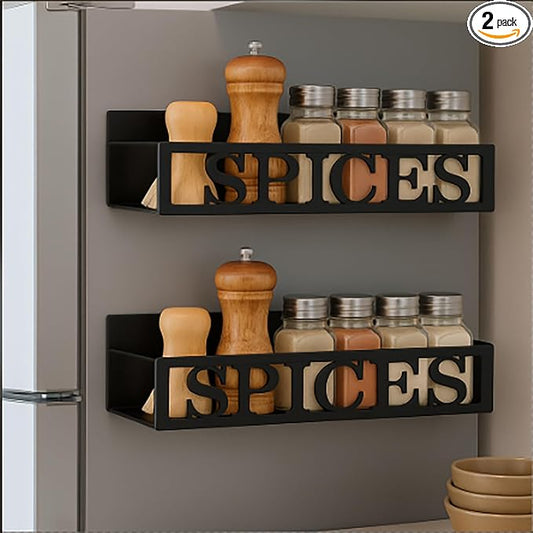 Beeveer 2 Pack Spices Magnetic Spice Rack for Refrigerator Metal Magnet Basket Shelf for Fridge Seasoning Storage Organizers Home Decor Kitchen Accessories (Black)