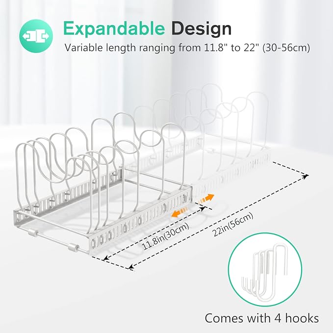 Puricon Pots and Pans Organizer Under Cabinet, Expandable Pot Rack with 10 Dividers, Lid Organizers Inside Cabinet, Cutting Board/Cookware/Bakeware/Baking Storage Holder for Kitchen -White