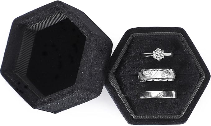 WantGor Velvet Jewelry Ring Box, 3 Slots Hexagon Ring Gift Box Ring Holder | Vintage Ring Display Case for Wedding Ceremony Proposal Engagement (Black, 3 Slots)