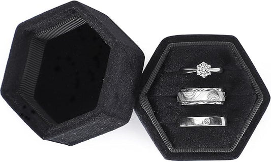 WantGor Velvet Jewelry Ring Box, 3 Slots Hexagon Ring Gift Box Ring Holder | Vintage Ring Display Case for Wedding Ceremony Proposal Engagement (Black, 3 Slots)