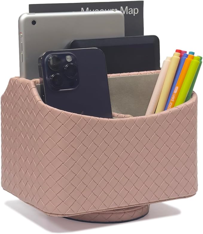 UnionBasic Rotating Desk Organizer, 360 Degree Desk Spinning Caddy, Desktop TV Guide/Mail/Media/Remote Controller Holder Organizer,Woven Pink