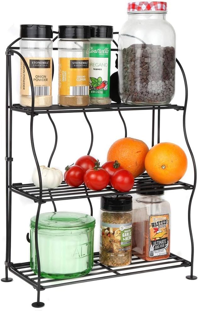 Lily's Home Cat Lovers Black Metal Countertop Wire Shelf Rack, Great for Household Items, Kitchen Organizer, Bathroom Storage and More. Foldable. 3-Tier