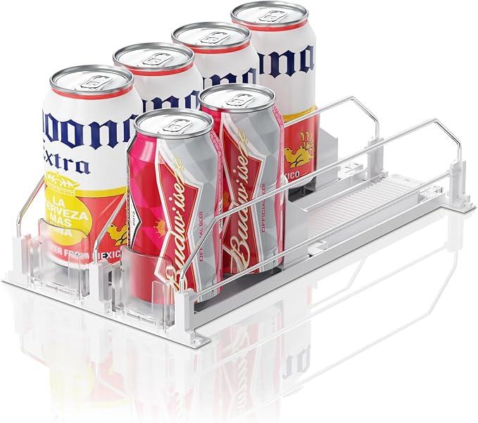 Can Dispenser for Mini Fridge (Depth ≥12.2" Required), Fits 12oz Soda, Width Adjustable Automatic Pusher, 2-Row Holds 8 Cans, White