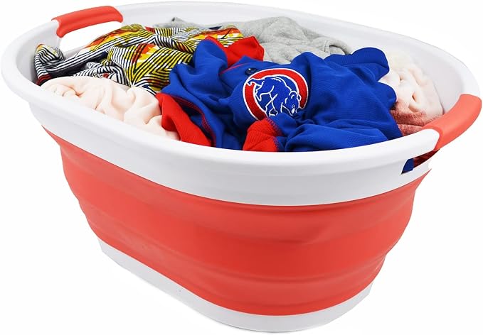 SAMMART 28L (7.4 gallon) Collapsible Plastic Laundry Basket-Oval Tub/Basket - Portable Washing Tub-Space Saving Laundry Hamper, Water capacity: 22L (5.8 gallon) (1, White/Orange Red)