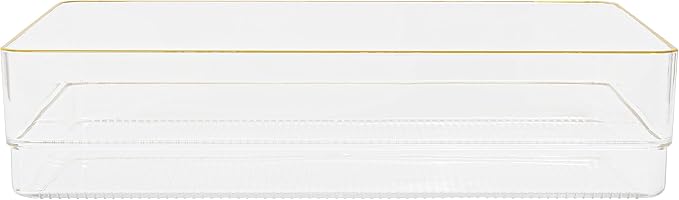 Martha Stewart Kerry Plastic Stackable Office Desk Drawer Organizers, 12" x 6", 3 Pack, with Gold Trim
