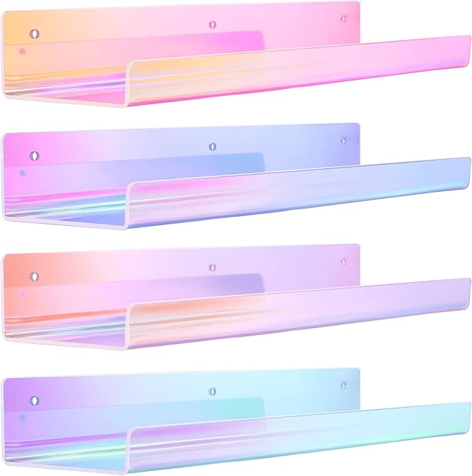 upsimples 4 Pcs 15" Iridescent Acrylic Shelves for Wall Decor and Display | Cute Floating Shelf for Perfume, Skincare, Nail Polish, Wall Organizer for Bedroom, Living Room, Playroom, Room Décor