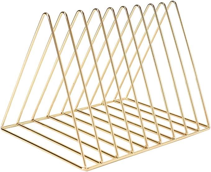 Sooyee 9 Slot Gold Magazine Holder, Desktop File Sorter Organizer Triangle Bookshelf Decor for Home Office, 10.2" L x 7" W x 6.9" H, Iron Wire