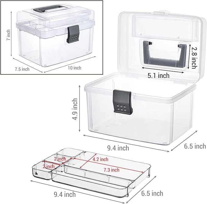 MyGift 10 Inch Premium Clear First Aid Kit Bin with Detachable Tray and Gray Top Handle, Portable Emergency Kit, Medical Supply Travel Tote, Medicine Storage Box Container