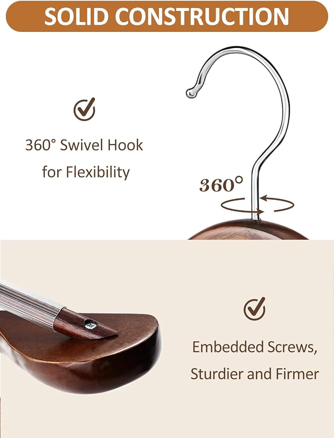 AMKUFO Wide Shoulder Wooden Hangers 8 Pack Coat Hanger with Non Slip Pants Bar, Heavy Duty Suit Hanger Wood Clothes Hangers with Smooth Finish 360° Swivel Hook for Sweater Jackets Shirts Walnut