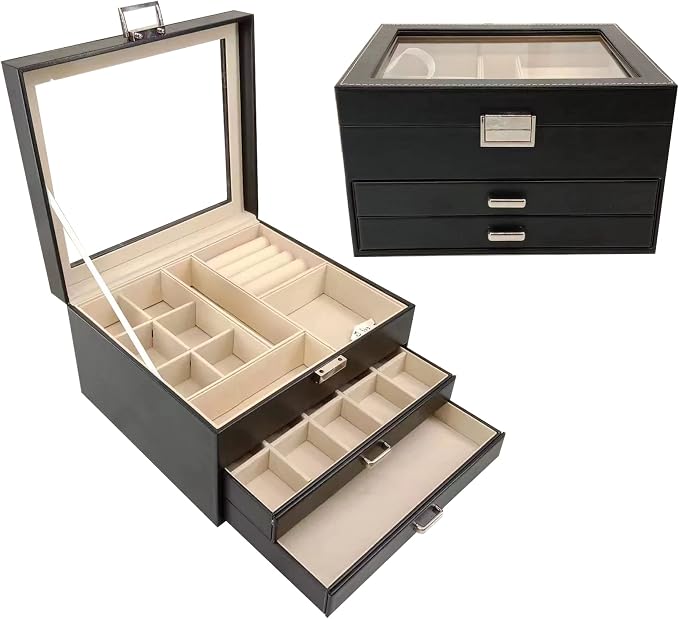BOOVO Clear Lid Jewelry Box,3 Layers Jewelry Organizer Large Jewelry Storage Box with 2 Drawers,Jewelry Holder Organzier of Rings Earrings Necklace Bracelets for Women (Black, 3 Layer)