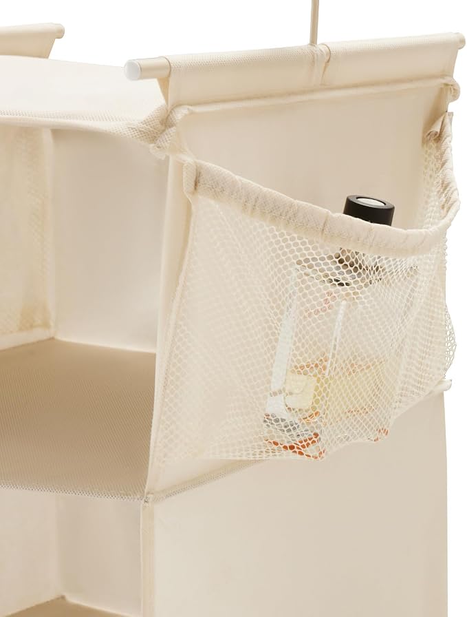 MAX Houser 5 Shelf Hanging Closet Organizer, Space Saver, Cloth Hanging Shelves with 4 Side Pockets, Foldable, Beige