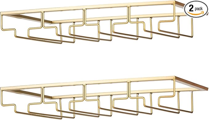 FOMANSH Wine Glass Rack - Under Cabinet Stemware Wine Glass Holder Glasses Storage Hanger 2 Pack Metal Organizer for Bar Kitchen 4 Rows Gold