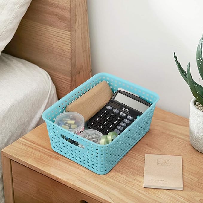 Mixed Color Rectangle Storage Baskets, Plastic Weave Shelf Baskets, 6 Packs