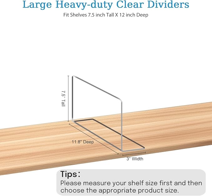 OKPOW Shelf Dividers Closet Organizer - 7.5" Tall X 11.8" Deep Acrylic Clear Sturdy Separate for Clothes Purse - Adjustable Space Saver Easy Install for Home Organization Enthusiasts 12 Pack