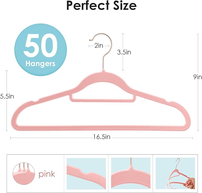 DUDUCOFU Velvet Hangers Non Slip Felt Hangers, 50 Pack Pink Velvet Clothes Hangers Space Saving Slim with 360 Degree Swivel Hook for Suits Coats, Jackets, Pants, and Dress Clothes