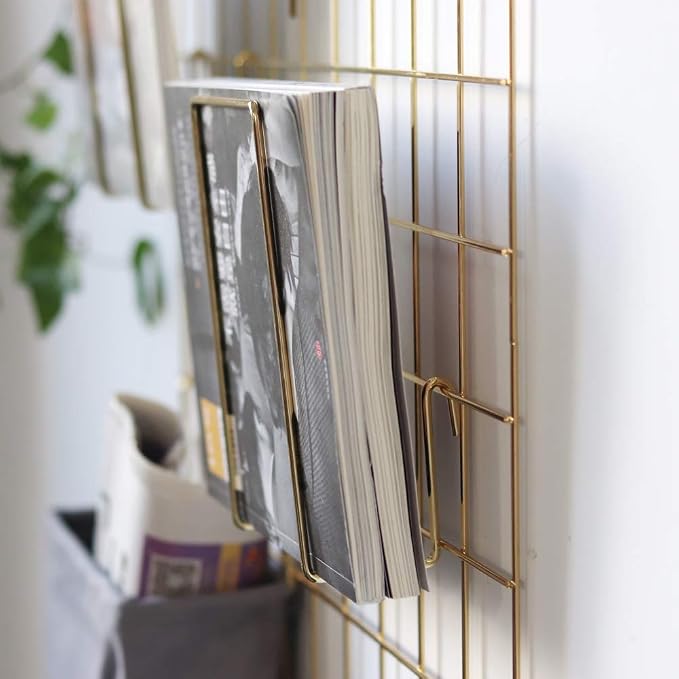 Gold Grid Basket with Hooks,Bookshelf,Display Shelf for Wall Grid Panel,Wall Mount Organizer and Storage Shelf Rack for Home Supplies,1 Set of 3 (Gold)
