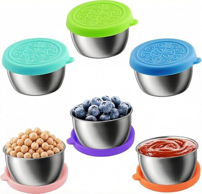 Showvigor 6-Pack Salad Dressing Containers, 1.6 oz Stainless Steel Condiment Containers with Silicone Lids, Leakproof Reusable Sauce Cups for Lunch Box, Picnic and Travel