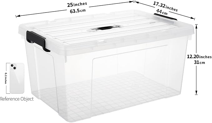 Cetomo Lidded Storage Bin with Handle, Tote Organizing Container with Wheels, Lid and Secure Latching Buckles, Stackable and Nestable, Plastic, 72 Quart-6 Pack, Clear