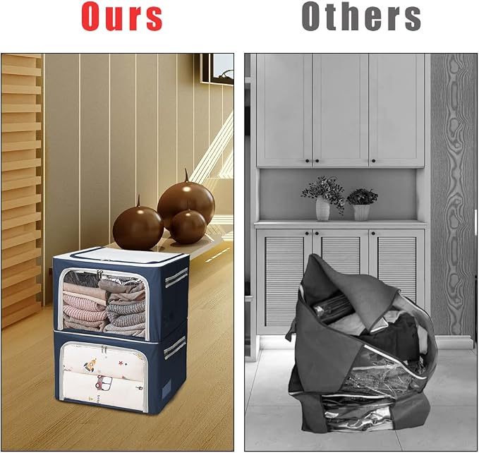 Clothes Storage Box Bins Stackable Foldable Organizer,Sturdy Handles with Metal Frame for Clothing Bedding Shelves,Closet Container with Clear Window Zipper and Label Holder (Navy, 40L x3 Pack)