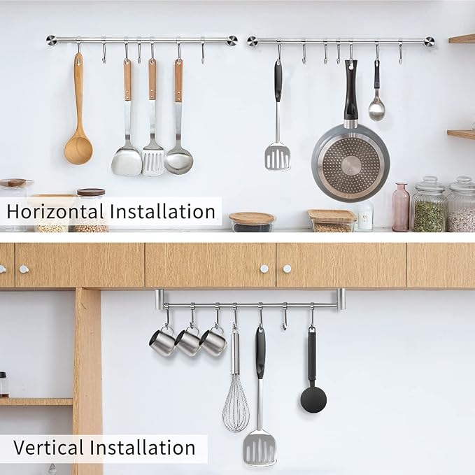 Audmore Kitchen Utensil Rack 1 PCS, 15.6” Pot & Pan Hanging Rack Wall Mount | 304 Stainless Steel Lid Cooking Utensil Hanger, 7 Sliding Hooks for Spatula Spoon, Measuring Cups, Coffee Mug, Space Saving