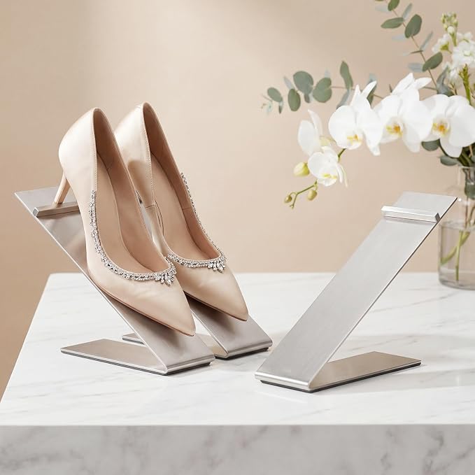 Therwen 4 Pcs Gold Shoe Display Stand Shoe Rack Stainless Steel Golden Metal Riser High Heel Display Rack Holder for Home Shopping Malls (Shape V,Silver)