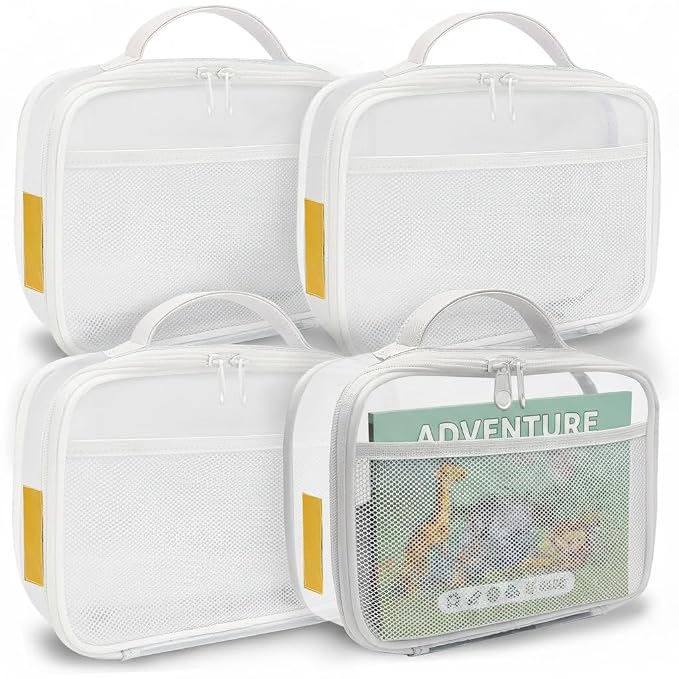 holay 4 Packs PVC Toy Storage Organizer with Zipper, Name Tag & Manual Pocket, Clear Durable Case for Blocks, Clay, Board Games, Travel (White, Small)