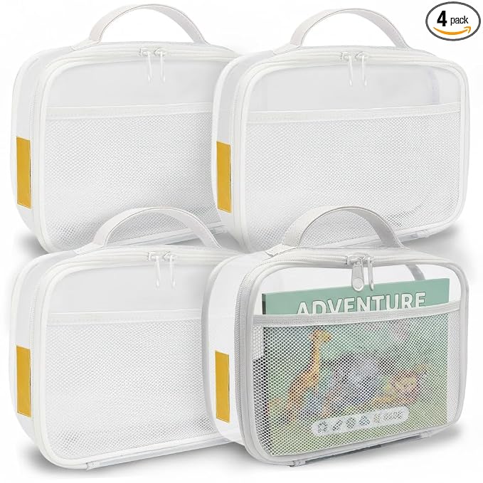 holay 4 Packs PVC Toy Storage Organizer with Zipper, Name Tag & Manual Pocket, Clear Durable Case for Blocks, Clay, Board Games, Travel (White, Small)