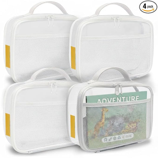 holay 4 Packs PVC Toy Storage Organizer with Zipper, Name Tag & Manual Pocket, Clear Durable Case for Blocks, Clay, Board Games, Travel (White, Small)