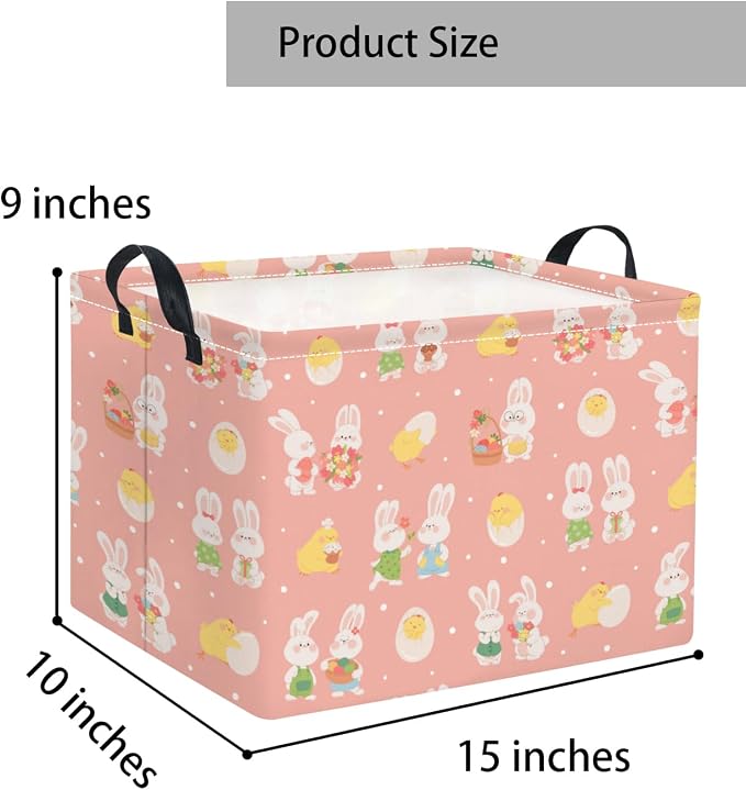 Rectangular Easter Basket for Home Kitchen Baby Girls Basket Cute Storage Bin Organizer Shelf Book Room Decor(Pink Cute Bunny)