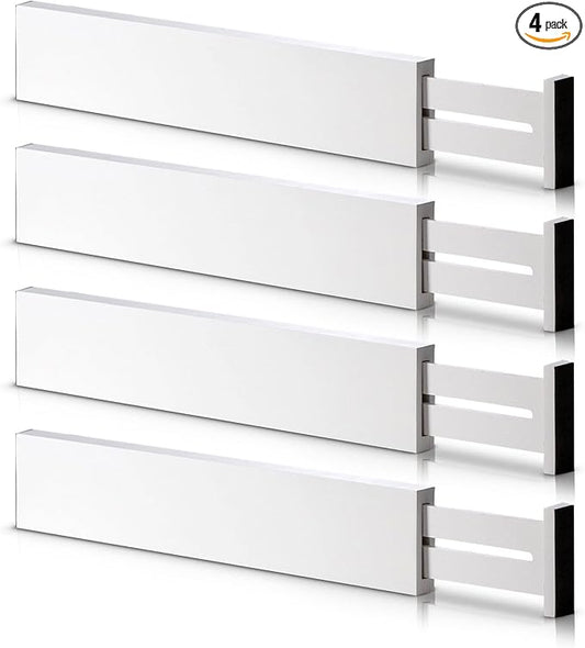 4 Pack Bamboo Drawer Dividers 2.6" High, Adjustable Length from 12 Inch to 17 Inch, Expandable Kitchen Drawer Organizer Separators for Clothes, Kitchen, Bedroom, Dresser, Office (White)