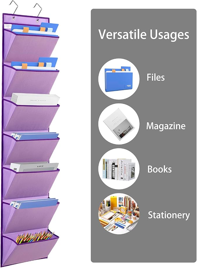 Wall Mounted File Holder Over Door Hanging Mail Organizer Document Storage Bag for Papers Magazines and Books (7 POCKETS-PURPLE)