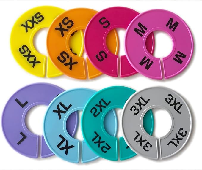 Set of Colored Clothing Round Rack Size Dividers (XXS - 3XL) Various Quantities Available (40)