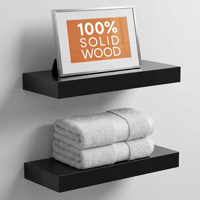 Homeforia 16 inch Black Floating Shelves, High End Solid Real Wood 16inch Bathroom Floating Shelves for Wall Mounted, 16in Wooden Small Floating Shelf, Heavy Duty Bracket, 16 X 6.5 X 1.75 in, Set of 3