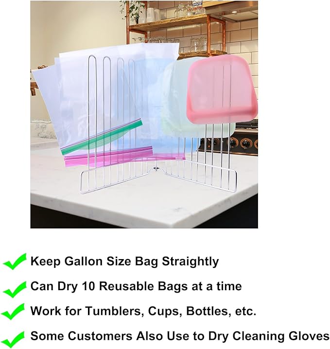 Reusable Drying Rack, Foldable Freezer Bag Dryer, SUS304 Stainless Steel Stand for Gallon, Quart, Sandwich, Snack Bags