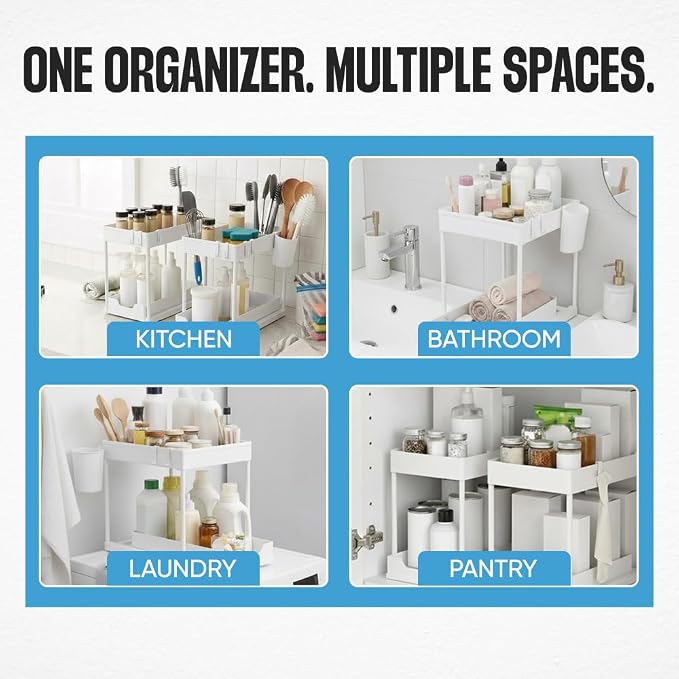 Undersink Organizer, 2-Tier Under Sink Storage Rack with Sliding Drawers for Kitchen Bathroom Cabinets, Pull Out Organizer for Pantry, Laundry Room & Closet Organization - 2 Pack, White