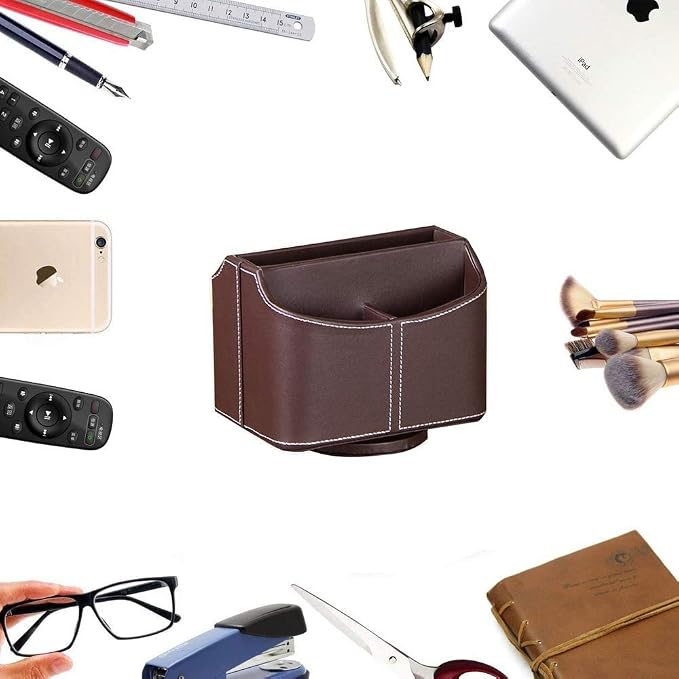 PU Leather Remote Control Holder, 360 Degree Spinning Desk TV Remote Caddy, Desk Organizers and Accessories, for Controller, Media, Mail, Calculator, Mobile Phone, Pen Storage Holder （Brown）