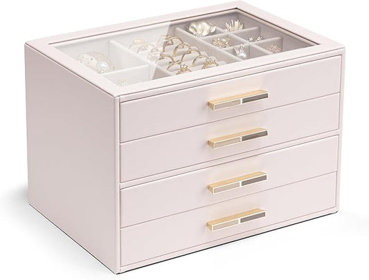 VLANDO 4-Drawer Jewelry Box with Glass Lid, Faux Leather Organizer for Rings Earrings Necklaces and More, Gift-Ready Jewelry Case for Women Girls or Moms, Pink Beige