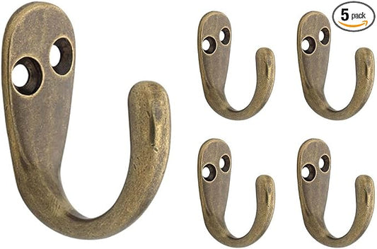 Franklin Brass (5-Pack) Single Wall Hooks 1-Prong Coat/Hat Antique Brass Hooks for Hanging Wall Mount Hanger Clothes, Purse, Bag, Towel Organization Decorative Wall Hooks FBSPRH5-AB-C